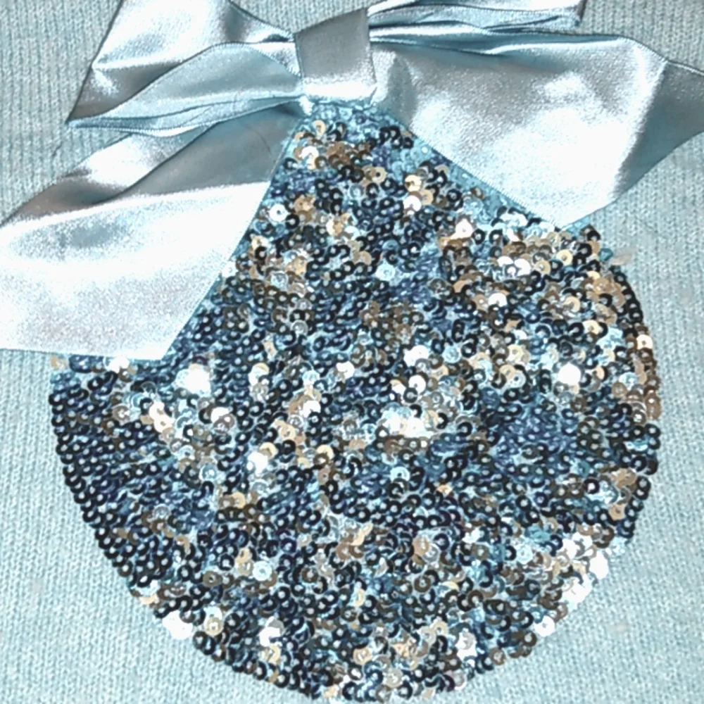 Fun, festive "Holiday Time" light blue super soft sweater with white faux fur - Picture 4 of 5